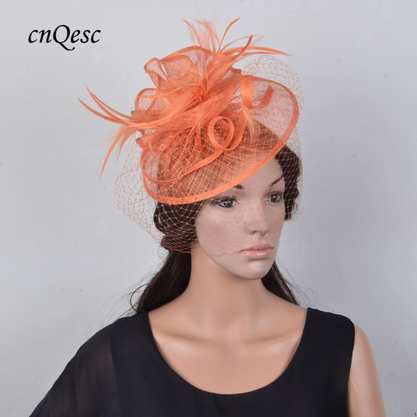 New colour Orange feather fascinator veil hat sinamay wedding hat for races,party,Kentucky Derby.QF079