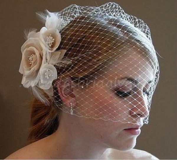 Hot Selling Free Shipping Bride Veil Comb Blusher Birdcage Tulle Ivory Champagne Flowers Feather Bridal Wedding Hots Hat Dresses