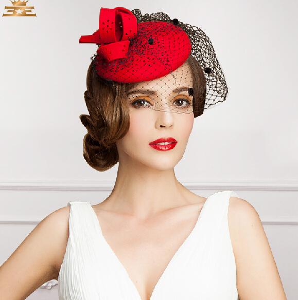 2018 Top Sale Vintage New Style Red Color Tulle Wedding Bridal Hats Evening/Party Headwears In Fashion