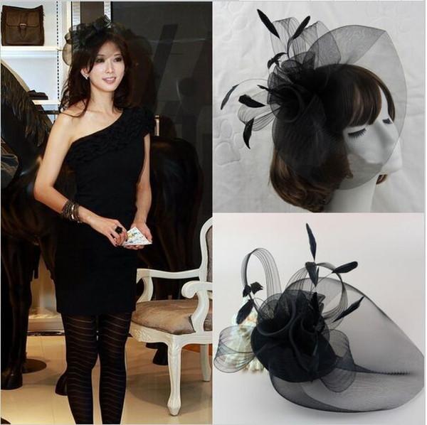 Free Shipping Hot Sale black Bird cage Net Wedding Bridal Fascinator Hats Face Veil Feather black Flower for party accessory