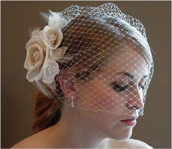 Wedding Birdcage Veils Champagne Ivory White Flowers Feather Birdcage Veil Bridal hat Hair Pieces Bridal Accessories BV03