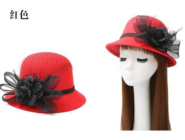 2017 hot sale party hats Autumn and winter aristocratic gauze feathers big flower hat ladies woolen hat for ladies