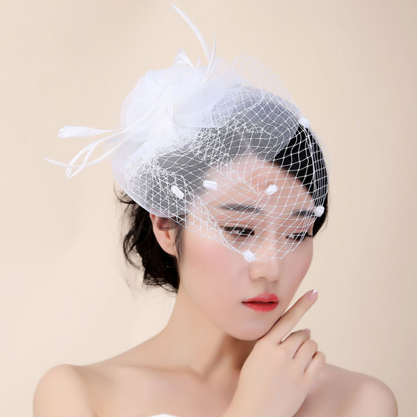 Big Hole Tulle White Bridal Hats Hair Fascinator With Flower Feathers New Birdcage Veil For Bride Ladies Face Veil