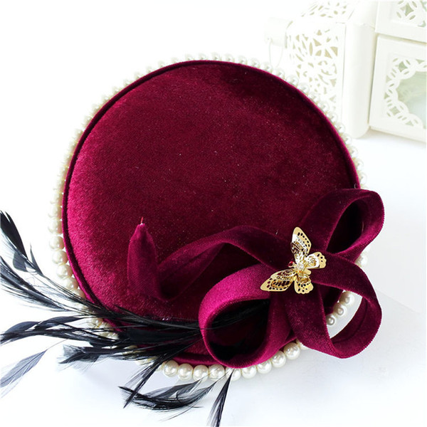 Vintage Women Wedding Hat Church Pillbox Burgundy Red Feather Fascinator Cocktail Hat Headdress Hair Accessories Clip Tiara Party Prom Hats