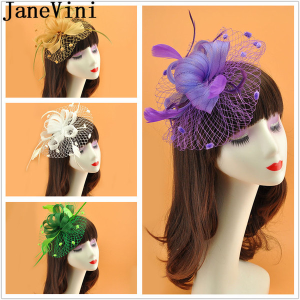 JaneVini Elegant Wedding Fascinators and Hats for Bride Hat Women Purple Gelin Bridal Headdress Net Crown Tiara Flower Headwear