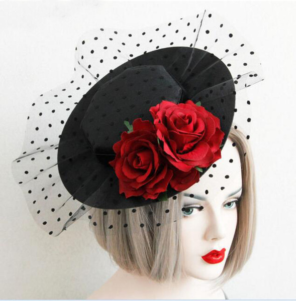 2018 Fashion Bridal Hats Black Hat Red Imitation Rose Handmade Flowers Sexy Wedding Party Accessories Head Wear with Tulle