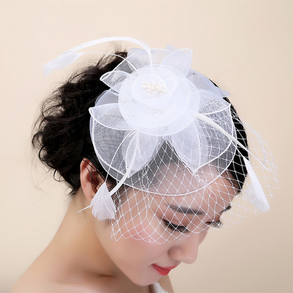 Vintage Hat Pure White Feather Organza Headpiece Head Veil Wedding Bridal Accessories 2017 Party Women Hats Black Bride Hat