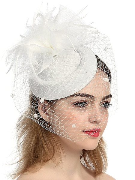 2018 Exquisite Vintage White Fascinator Sinamany Hats For Wedding Bridal Church ,With Flowers Net Lace,Eoupean Style,Kentucky Derby Hats