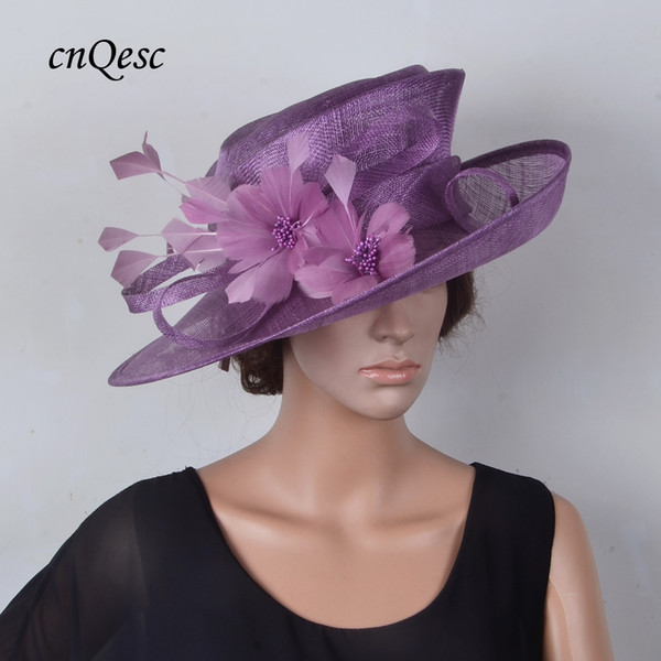 2019 Purple Sinamay Hat formal dress hat with feathers flower for kentucky derby.wedding church.