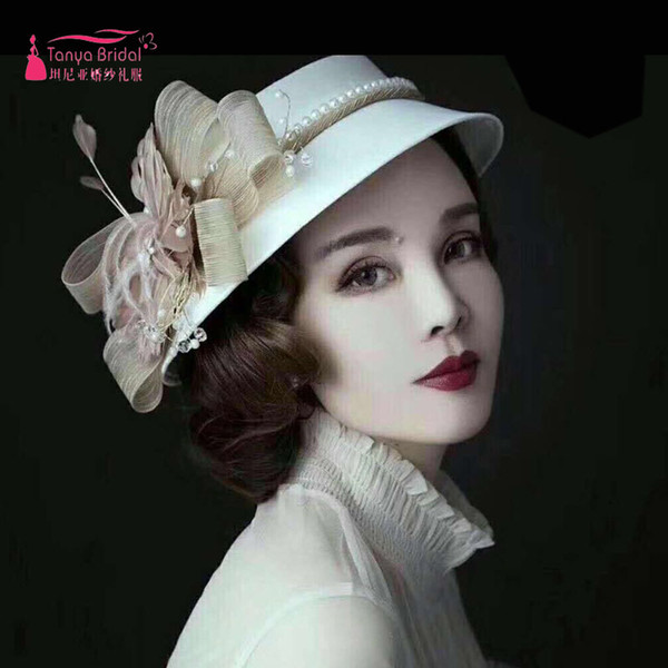 British Crown Hats Fashion Bridal Hats With Pearls Feather Flowers Women Formal Event Hradpieces Accessories ZH046