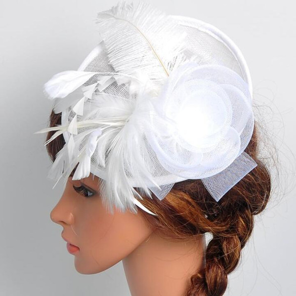 Fashion Women Fascinator Cambric Flower Feather Vintage Ladies Cocktail Hat Wedding Party Bridal Hair Accessories 10 color