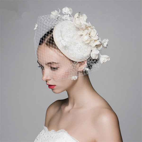 High Quality Beautiful Birdcage Church Derby Cocktail Wedding Bridal Ivory Flowers Pillbox Hat Veil Cap Band Headpiece Fascinator