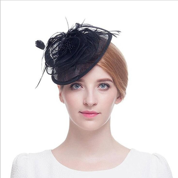 Wedding Party Bridal Hats Vintage Bead Flax Feather Sinamay Hats Fashion European Style Church Hat for Women Wedding Accessories 6 colors