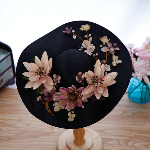 2018 Hot Sales Black Ladies Church Hats with Pretty Colorful Hand-made Flowers Bridal Wedding Hats Kentucky Derby Hats