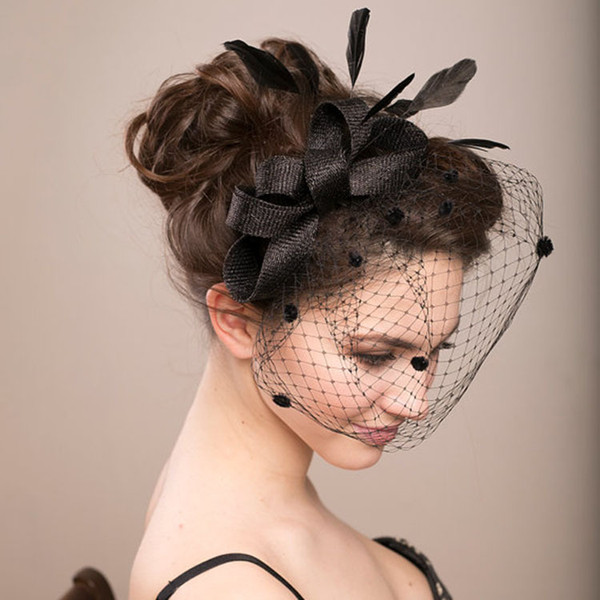 Amandabridal Black Feather Wedding Hats For Brides Women Tulle Birdcage Veil Bridal Hats Headpieces Bridal Accessories