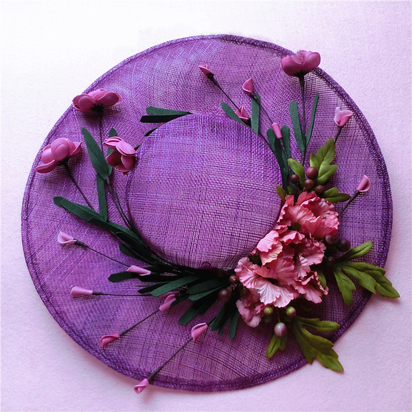 Vintage Floral Tulle Linen Purple Bridal Hat High Quality Garden Wedding Hair Accessory Bride Mother Special Occasion Party Photo Hats