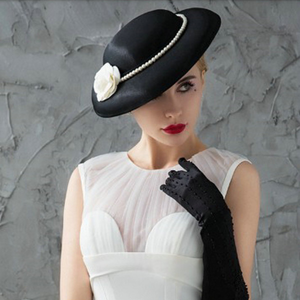 European bride retro round top hat headwear small fragrance pearl camellia black white hair accessories