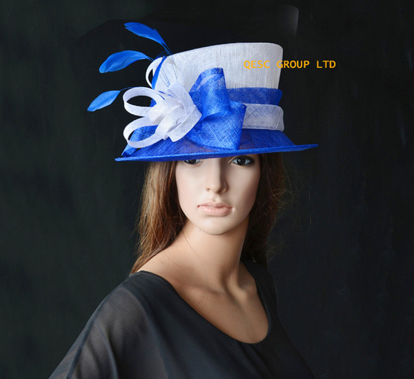 Royal blue/white Small briim Sinamay Hat with feathers for Party wedding,Church.