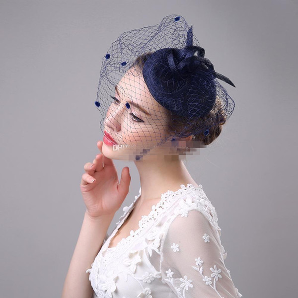 Hot Sale 4 Colors Navy Blue Net Wedding Bridal Fascinator Face Veils Feather Flower with Hairpins Free Shipping