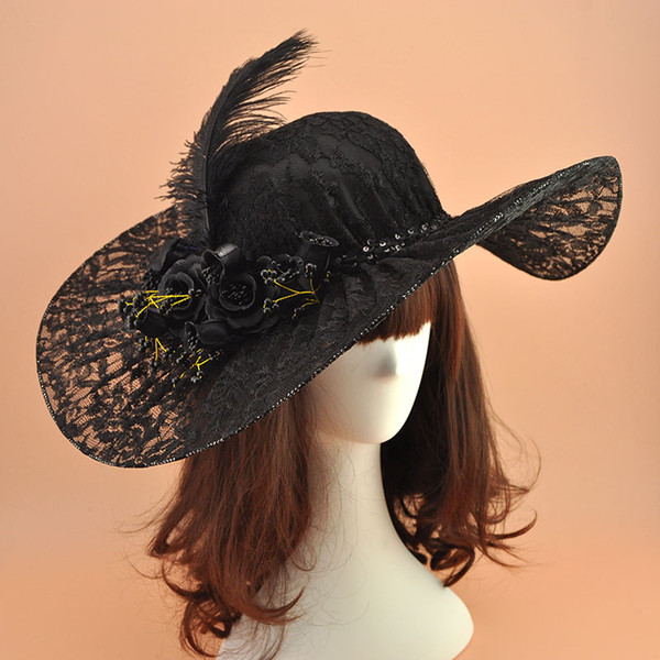 Vintage Black Lace Ladies Church Hats Embellished with Pretty Hand-made Flowers Beads and Feather Adjustable 2018 Bridal Wedding Hats