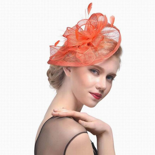 Wedding Feathers Hat Large Headdress Cocktail Wedding Bridal Tiara Hair Accessories Bridal Headbands Feathers Hair Clip Hat Orange Cap