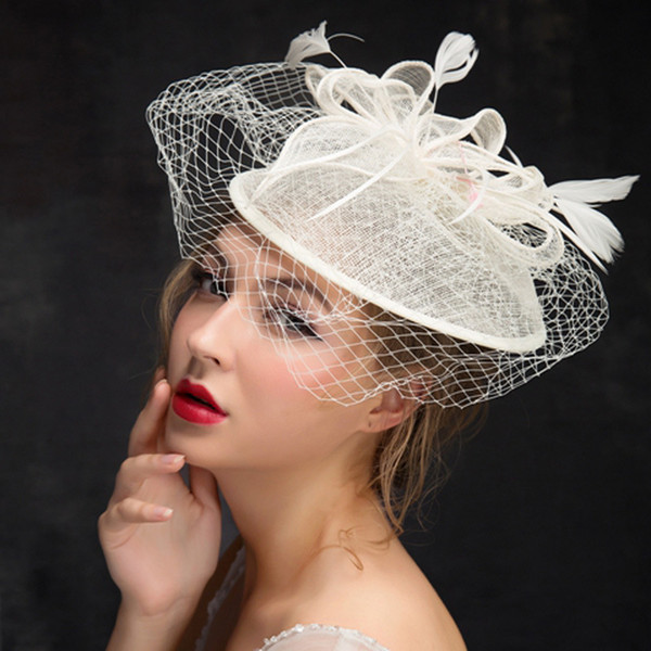 Amandabridal Flowers Feather Wedding Hats For Brides Women Tulle Ivory Birdcage Veil Bridal Hats Hair Pieces Bridal Accessories