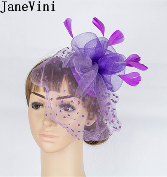 JaneVini Sombrero Boda Purple Wedding Hats Women Elegant Brides Facinators Face Veil Mesh Feather Bridal Vintage Hat Headdress Accessory