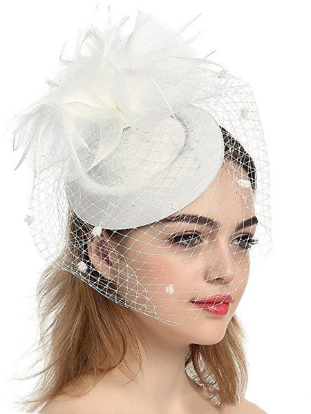 2019 Beautiful White Fascinator Sinamany Hats For Wedding Bridal Church with Flowers Net Lace Eoupean Kentucky Derby Hats Bride