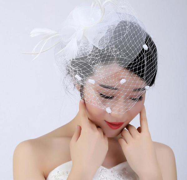 White Face Veil Cheap Bridal Hats 2016 Vintage Bridal Accessories With Tulle Feather Cute Small Hat For Brides headwear New Fashion