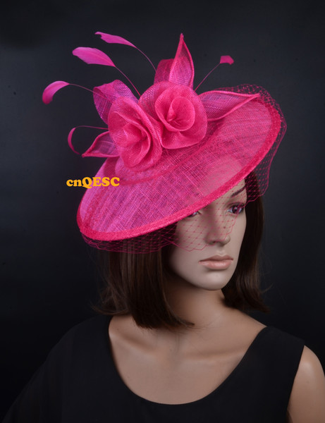 Hot pink fuchsia large veiling hat Sinamay Fascinator hat with sinamay flowers&Feathers for Wedding party mother's day