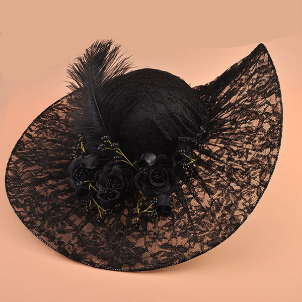 Vintage Black Lace Kentucky Derby Hats Embellished with Pretty Hand-made Flowers Beads Feather Adjustable 2018 Bridal Church Wedding Hats