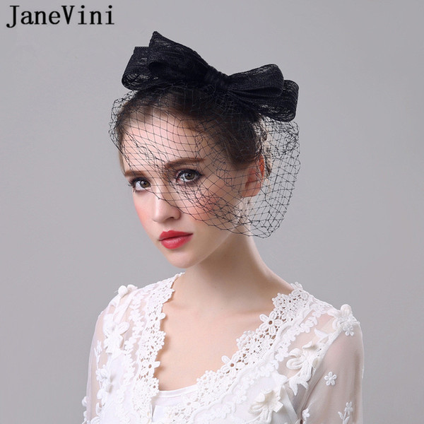 JaneVini Fashion Black Bridal Hat with Veil Fascinator Big Bow Brides Net Wedding Hats Face Veils Womens Wedding Hats Party Accessories 2019