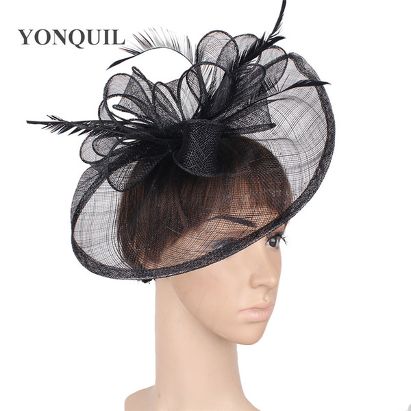 Vintage elegant black big fedora cap chapeau hat wedding fascinators ladies champagne feather loop headwear female hair accessories SYF278