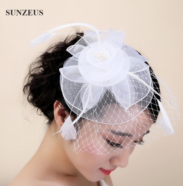 2017 New Flower Wedding Feather Headpiece Tulle Fascinator Hats Fashion Bridal Hat With Veil White Head Accessories