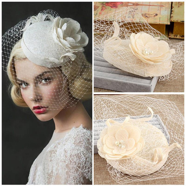 Beautiful Vintage New Linen Lace Bridal Hats 2018 For Wedding Flowers Pearls Wedding Birdcage Veil Hats For Bride Wedding Accessories