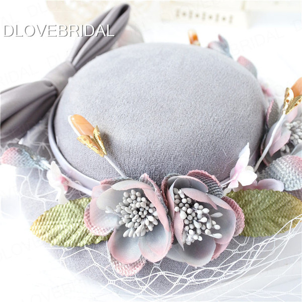 Vintage Cute Gray Bridal Hat with Bow Flowers Garden Face Veil Wedding Hair Accessory Bride Mother Special Occasion Party Holiday Grey Hats