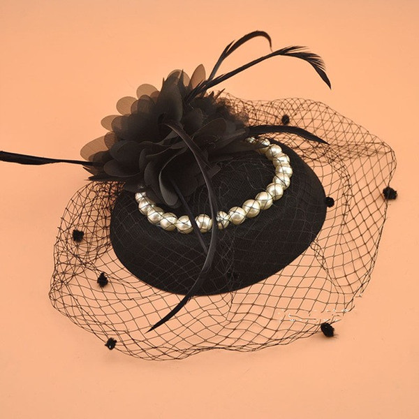 Vintage Black Ladies Church Hats with Hairpins Pearls Beading Hand-made Flowers Blue Red Ivory Yarn Bridal Wedding Hats Birdcage Veils