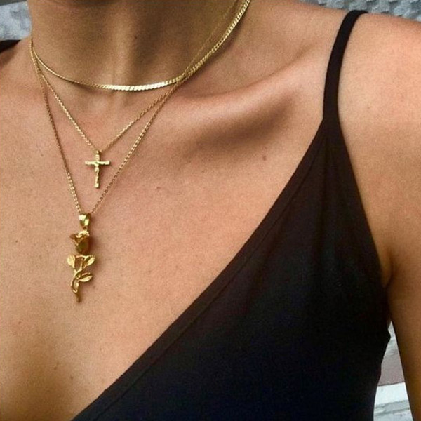 Trendy Jewelry Necklace Chain Rose Necklace Long Metal Snake Chain Cross Pendant Accessory Girlfriend Best Gifts