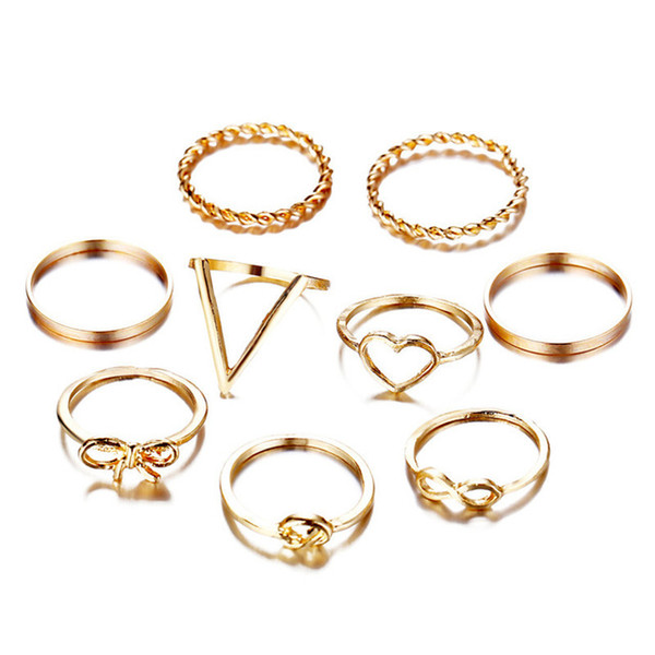 9PCS Luxury New Ring Creative Retro Simple Cutout Love Knotted Bow Ring Set 9 Piece Set