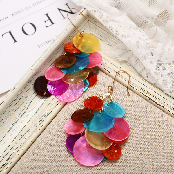 Romantic Wedding Accessories Apply To New round sequined colorful shell tassel earrings creative fashion fish scale ear hook