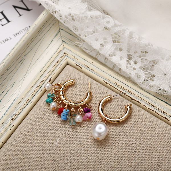 Wedding Party Events Accessories New colorful natural stone earrings with a creative retro pearl asymmetric earrings