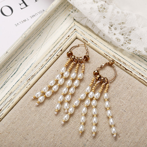 New style of European and American ethos quality mingyuan earrings imitation pearl tassel versatile long earring