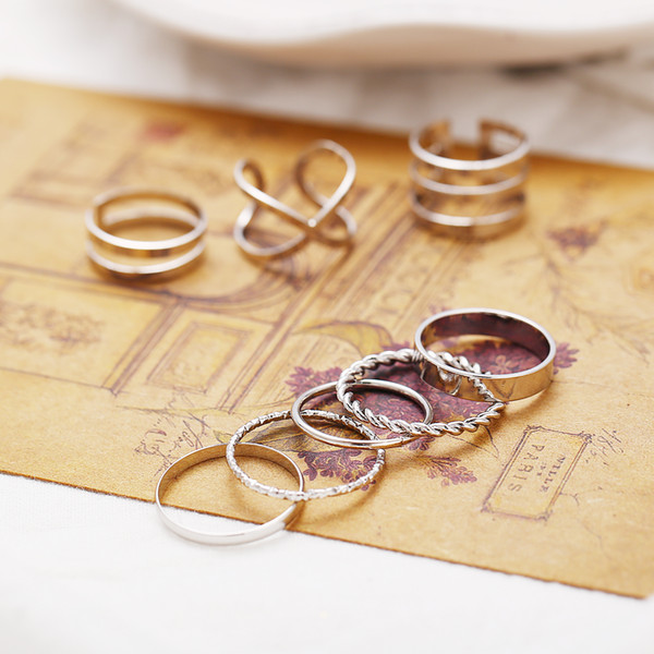 Creative retro simple multi-layer crossed twist ring set with 8 pieces