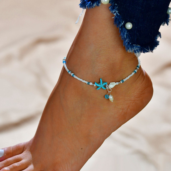 Trendy Beach Bohemian Alloy Starfish Shell Beach Anklet Conch Anklet Bead Bracelet Ornament Rice Grain Pendant