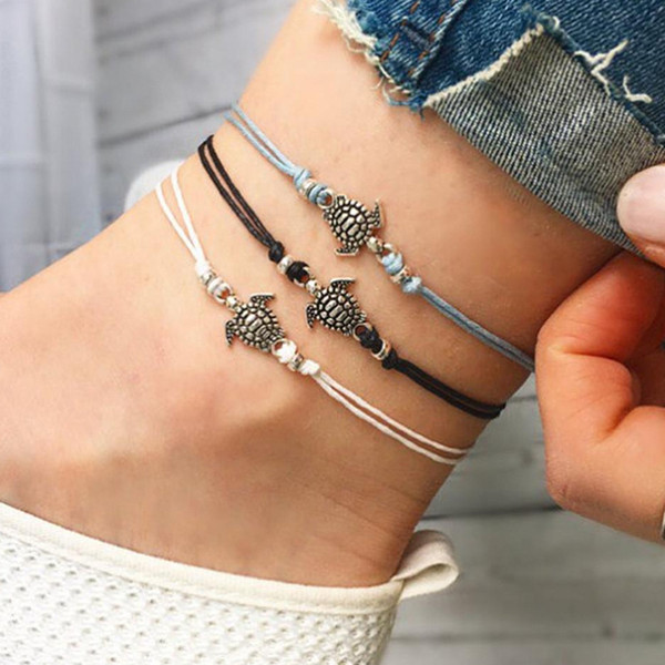 0042 New Vintage Wax Rope Feet Decorated With Ancient Silver Turtle Beach Wedding Accessories Jewelry Nice Anklet Jewelry For Girl