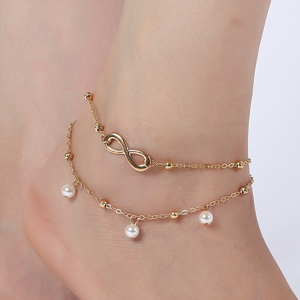 0051 Street Snap Wedding Accessories Jewelry Popular New Set Combines Pearl Heart 8 Pattern Anklet Knot