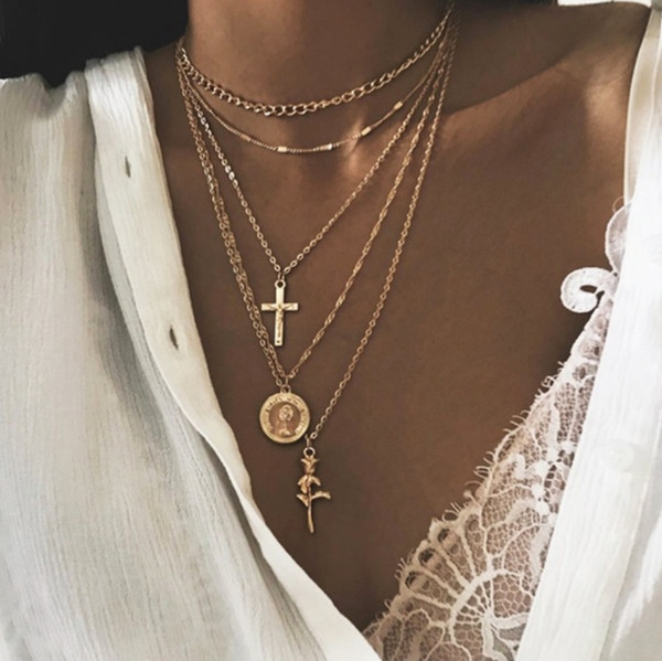 Classic Wedding Accessories Creative retro new fashion personality cross rose multi-layer 5-layer necklace Romantic Fashion Design