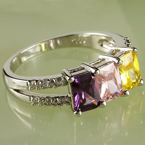 A0095-10 Emerald Cut Pink Topaz & Amethyst & Citrine Gems 18K White Gold Plated Crystals Ring Jewelry Size 10