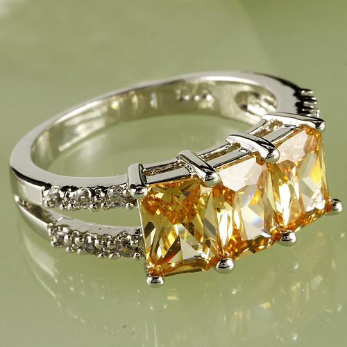 A0094-8 Emerald Cut Morganite & White Topaz Gems 18K White Gold Plated Ring Size 8 Free Ship