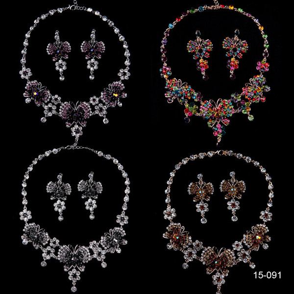 Butterfly Shining Luxury Rhinestones Necklace Earrings Sets Bridal Jewelry for Wedding Party Gowns